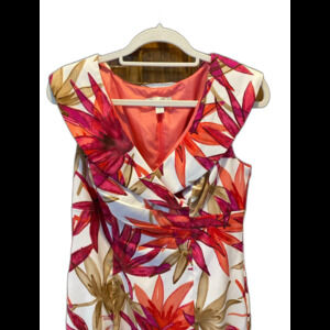 Dress Barn Tropical Dress Size 8 Fitted Pink Orange Faux Wrap Wide Collar V Neck